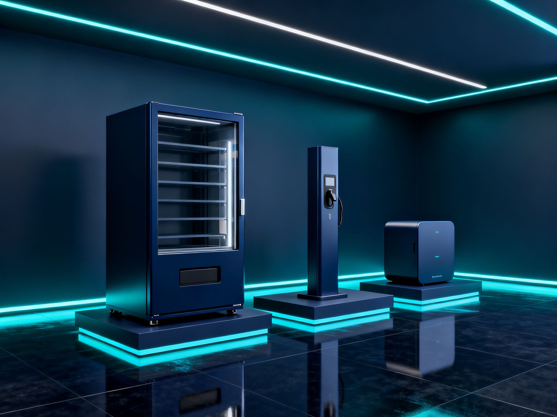 Smart IoT hardware showroom with control dashboards and connected devices