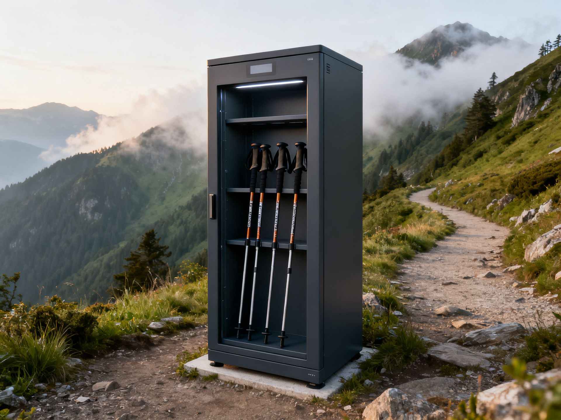 Shared trekking poles for outdoor scenic areas